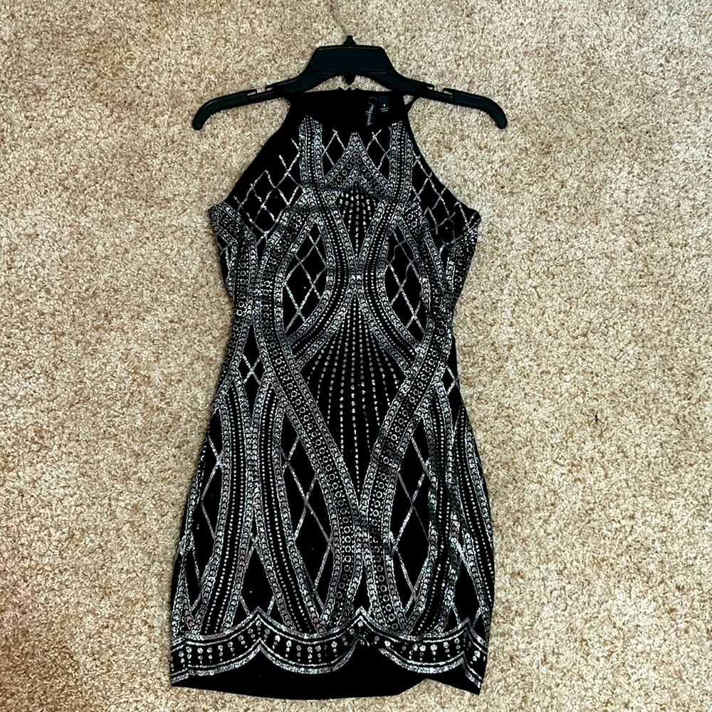 glittery black and silver knee length dress